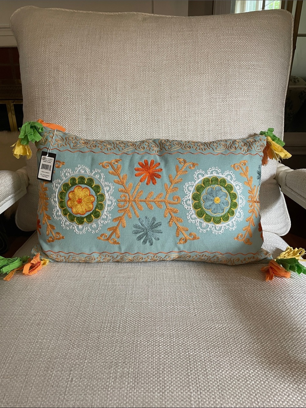 Pair of Creative Co-Op Aqua Embroidered Floral Tassel Lumbar Pillow. 20 inches l